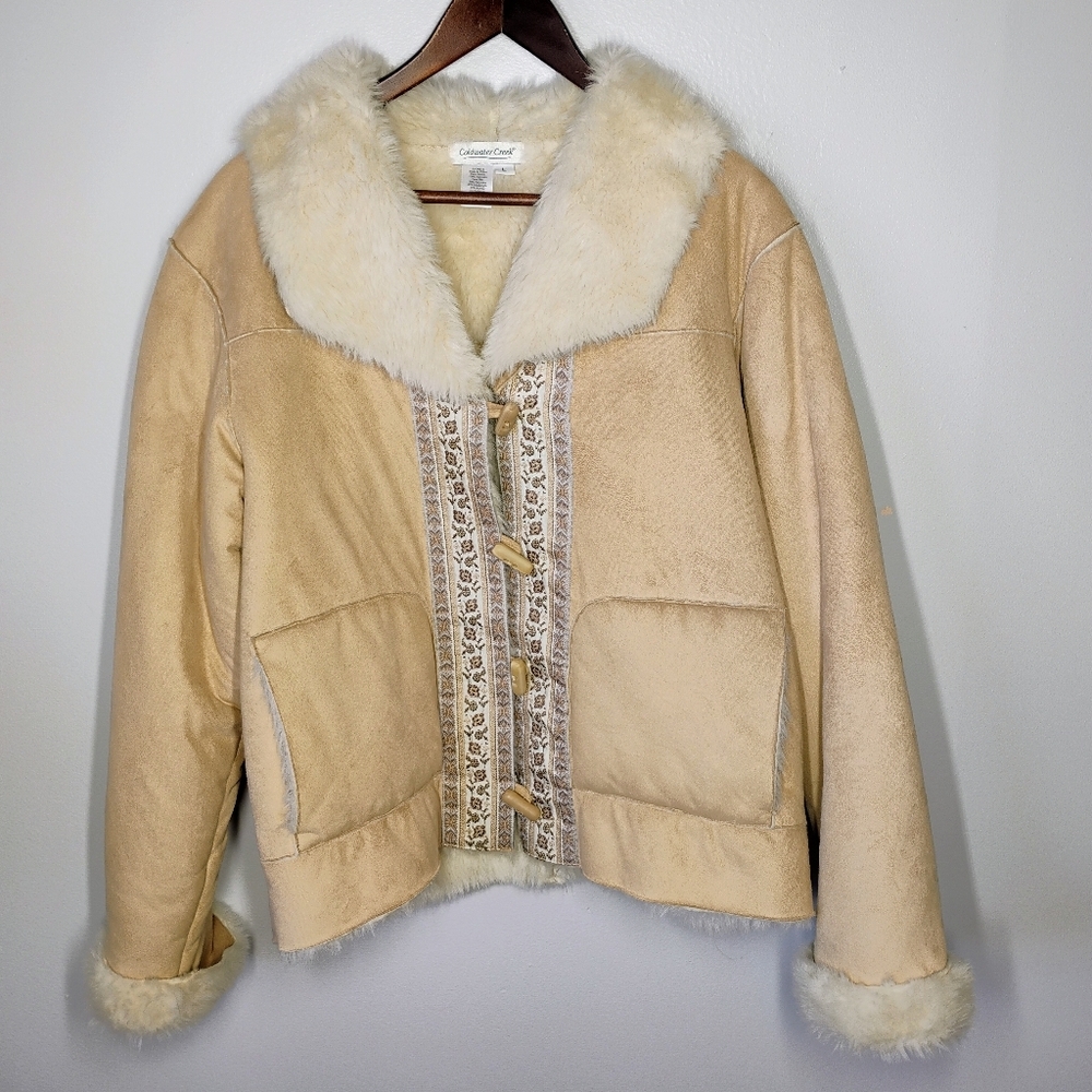 Coldwater Creek Faux Suede‎ Fur Jacket Womens Large Beige Boho Western Cottage